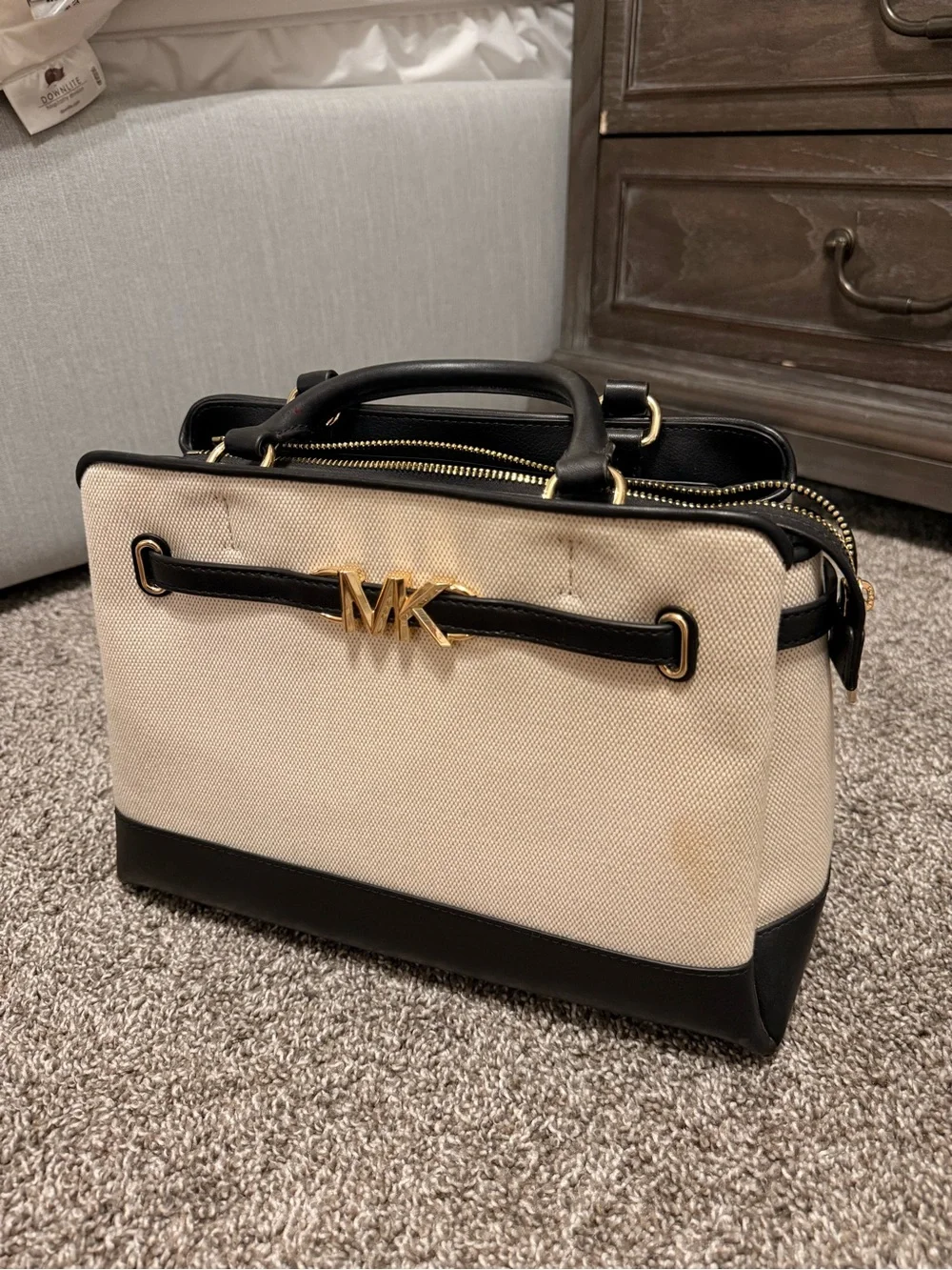 Michael Kors Cream Canvas and Black Leather Satchel with Gold MK Hardware